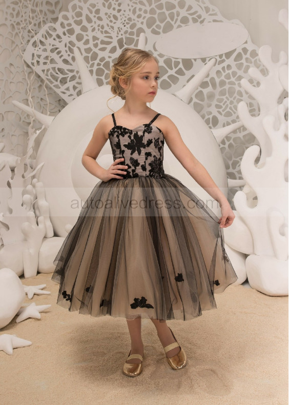 Black Spaghetti Straps Tea Length Lace Tulle Flower Girl Dress 